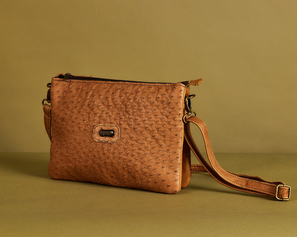 Chestnut Ostrich Multi-Compartment Crossbody Bag