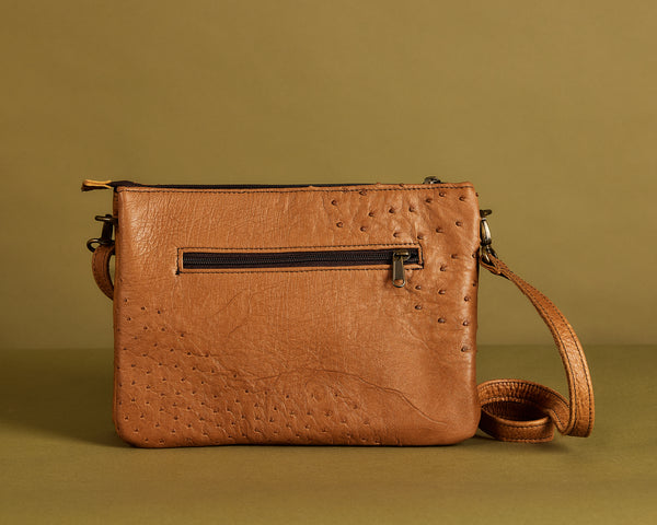 Chestnut Ostrich Multi-Compartment Crossbody Bag